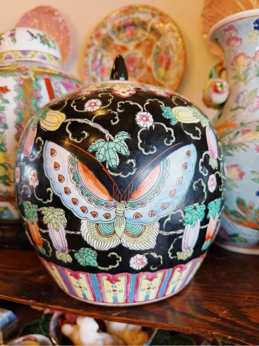 Black Ceramic Butterfly Vase with Multicolor Floral Accents